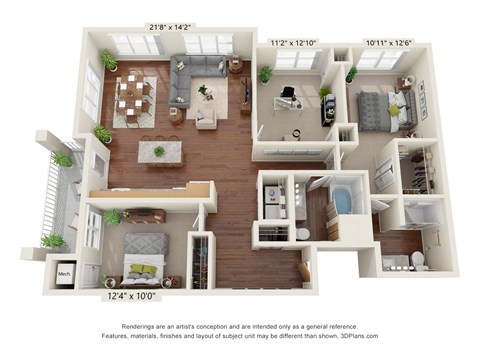 Oaks Landing_3D_3 Bedroom Floor Pan